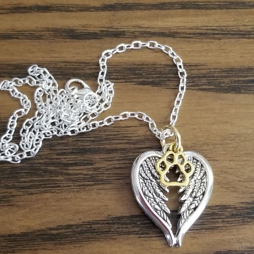 Heart Shaped Angel Wings and Paw Charm Necklace